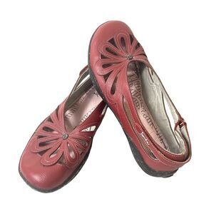 Jambu Adventure Womens 9.5M Red Leather Flats Comfort Casual Floral Slip On Shoe